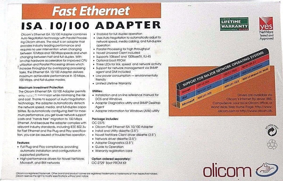 NEW SEALED OLICOM OC-2325 FAST ETHERNET ISA 10/100 ADAPTER 23251551