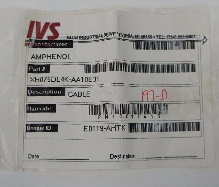 AMPHENOL XH075DL4K-AA10E31 CABLE E0119-AHTK 31' (9.44M) WHS52059 0119-AHTK