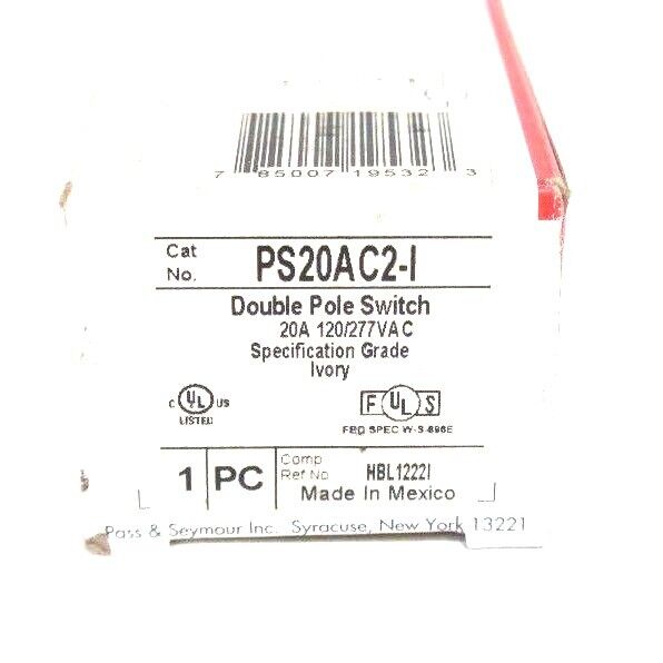 LOT OF 2 NIB PASS & SEYMOUR PS20AC2-I DOUBLE POLE TOGGLE SWITCHES 20A, 120/277V