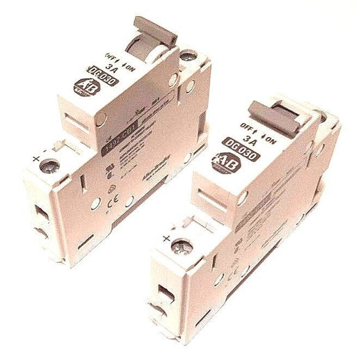 LOT OF 2 ALLEN BRADLEY 1492-CB1-DG030 CIRCUIT BREAKERS 3A, SER. B, 1492CB1DG0