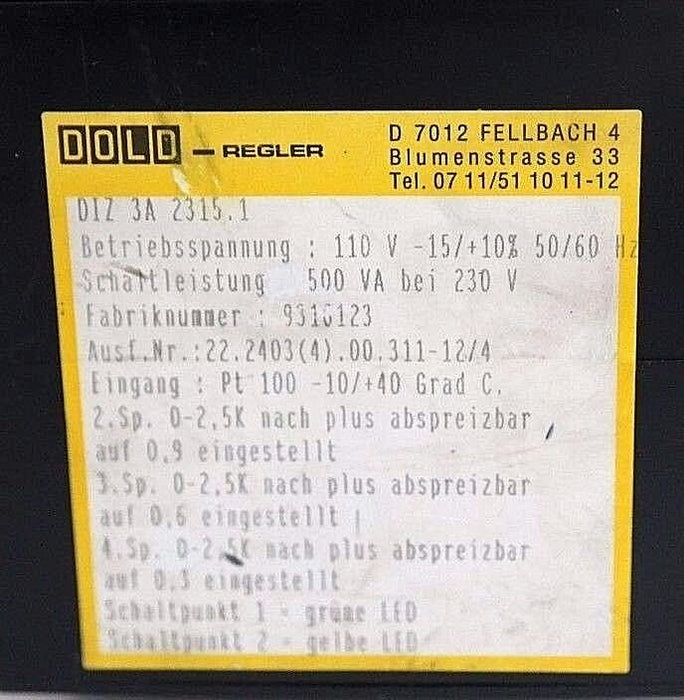 DOLD REGLER PT100 TEMPERATURE CONTROLLER DIZ 3A 2315.1