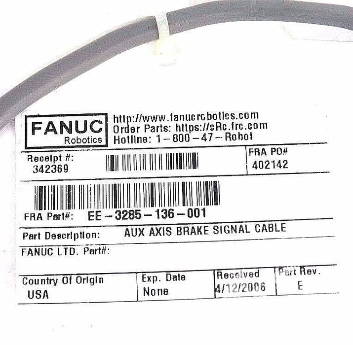 LOT OF 2 FANUC ROBOTICS EE-3285-136-001 AUX AXIS BRAKE SIGNAL CABLE EMPIR REV. E