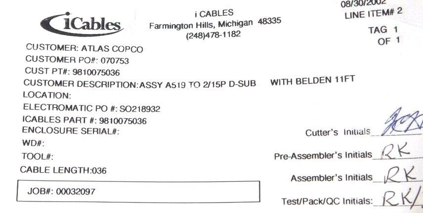 NEW ATLAS COPCO 9810075036 CABLE ASSEMBLY