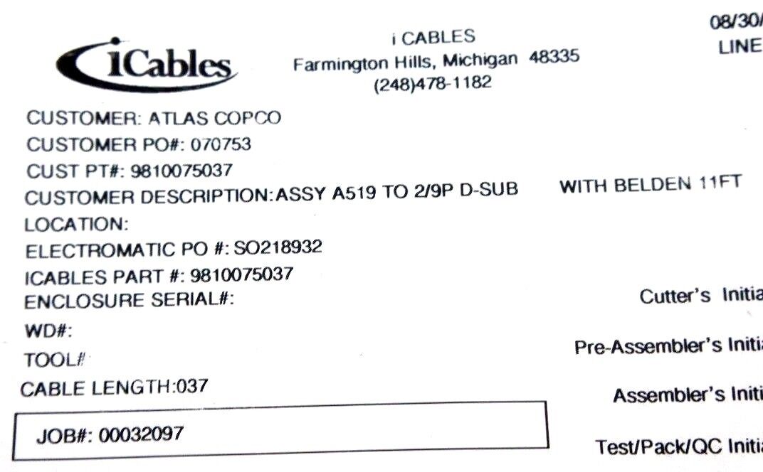 NEW ATLAS COPCO 9810075037 CABLE ASSEMBLY A519 TO 2/9PP
