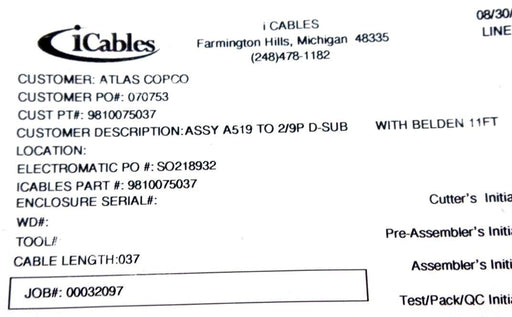 NEW ATLAS COPCO 9810075037 CABLE ASSEMBLY A519 TO 2/9PP