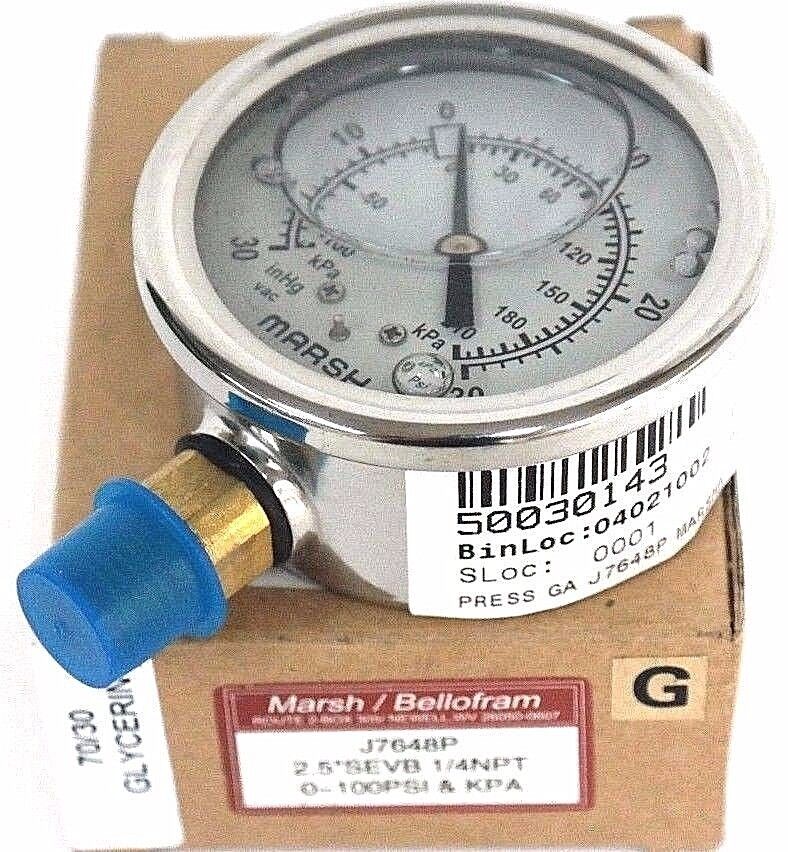 NIB MARSH J7648P GAUGE 2.5'' SEVB 1/4NPT, 0-100PSI & KPA