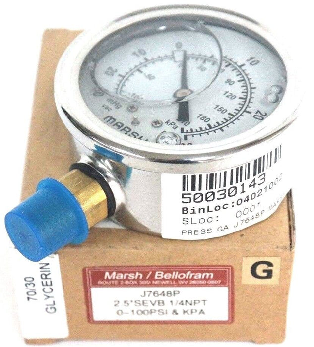 NIB MARSH J7648P GAUGE 2.5'' SEVB 1/4NPT, 0-100PSI & KPA