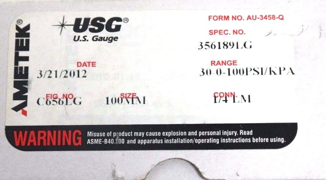 NIB AMETEK SPEC. NO. 356189LG GAUGE FIG. NO. C656LG, CONN. 1/4 LM, SIZE: 100MM