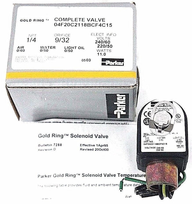 NIB PARKER 04F20C2118BCF4C15 SOLENOID VALVE, GOLD RING
