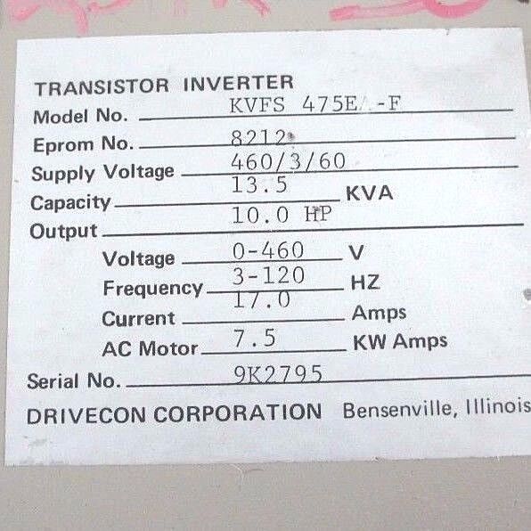 KVFS DRIVECON KVFS 475E-F TRANSISTOR INVERTER EPROM NO. 8212