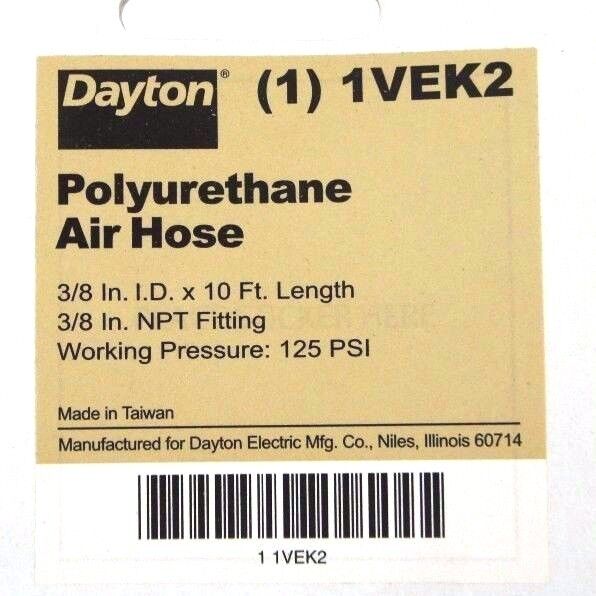 NIB DAYTON 1VEK2 POLYURETHANE AIR HOSE 3/8" ID X 10 FT LENGTH 3/8" NPT FITTING