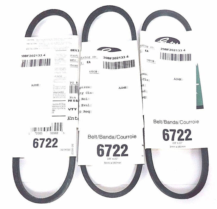 LOT OF 3 NEW GATES 6722 V-BELTS 22'' LG, 3/8'' WIDE
