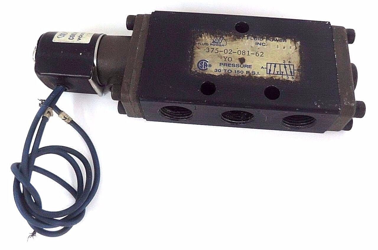 FLUID POWER 375-02-081-62 PNEUMATIC VALVE 30 TO 150 PSI W/ 26E01033 COIL