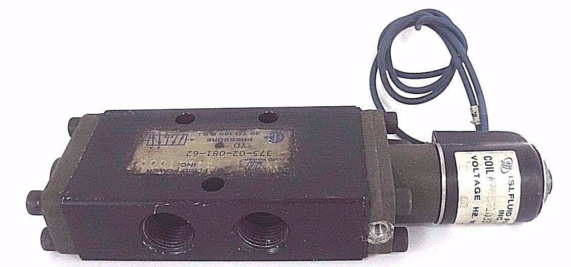FLUID POWER 375-02-081-62 PNEUMATIC VALVE 30 TO 150 PSI W/ 26E01033 COIL