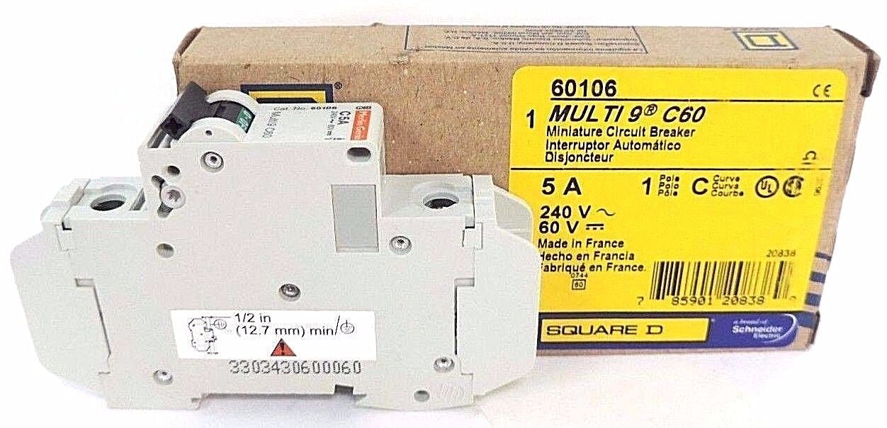 NIB SQUARE D MULTI 9 C60 MINIATURE CIRCUIT BREAKER 60106, 5A, 1POLE, C CURVE