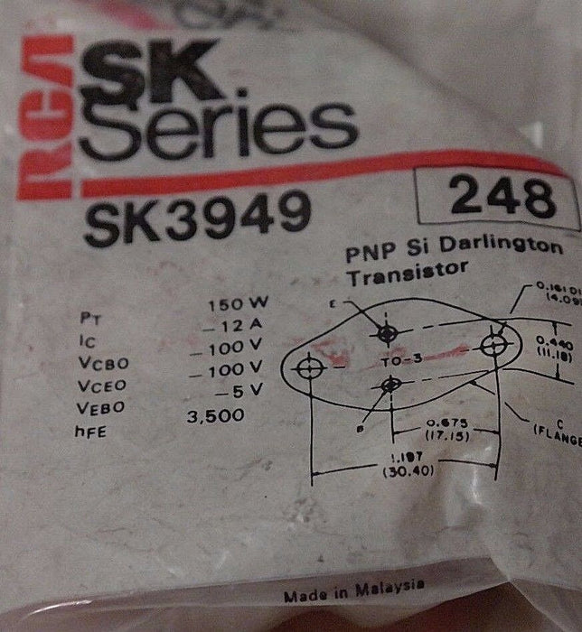 LOT OF 5 NEW RCA GE SK3949 PNP-DARLINGTON POWER TRANSISTORS GE-358, ECG248