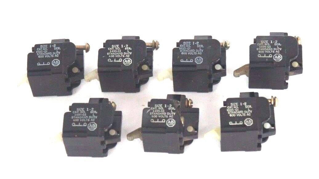 LOT OF 7 ALLEN BRADLEY 1495-G1 AUXILIARY CONTACTS SIZE 1-2, SER L, 600V, 1495G1