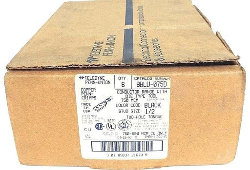 BOX OF 6 NEW TELEDYNE PENN-UNION BBLU-075D COPPER CRIMPS BLACK 1/2", 750MCM