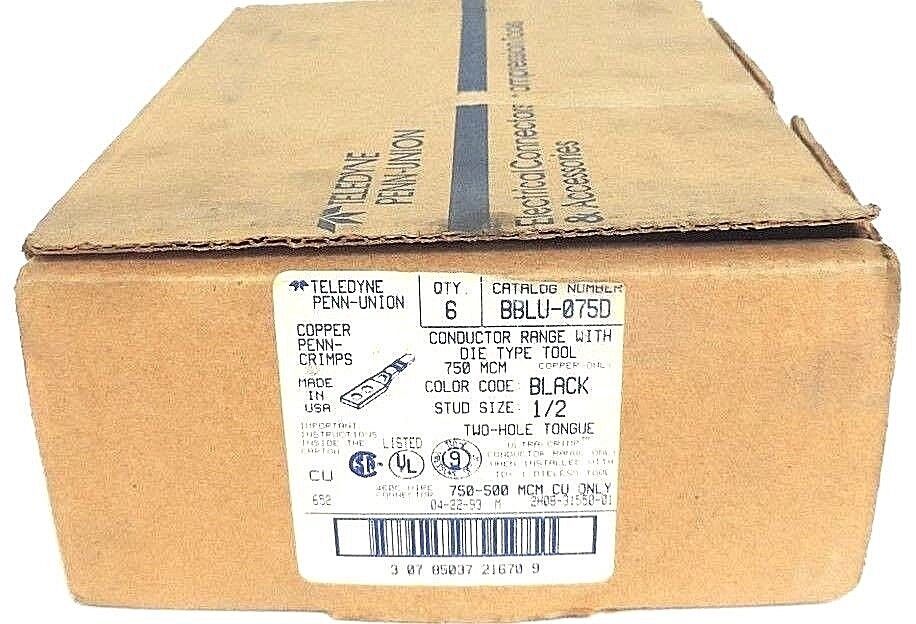 BOX OF 6 NEW TELEDYNE PENN-UNION BBLU-075D COPPER CRIMPS BLACK 1/2", 750MCM
