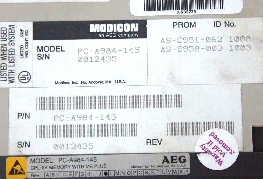 MODICON PC-A984-145 CPU 8K MEMORY MODULE AS-C951-062, AS-S958-003, REV K