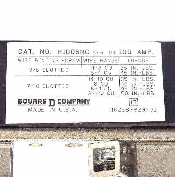 NIB SQUARE D H100SNC SER. D4 INSULATED GROUNDABLE NEUTRAL ASSEMBLY 48834