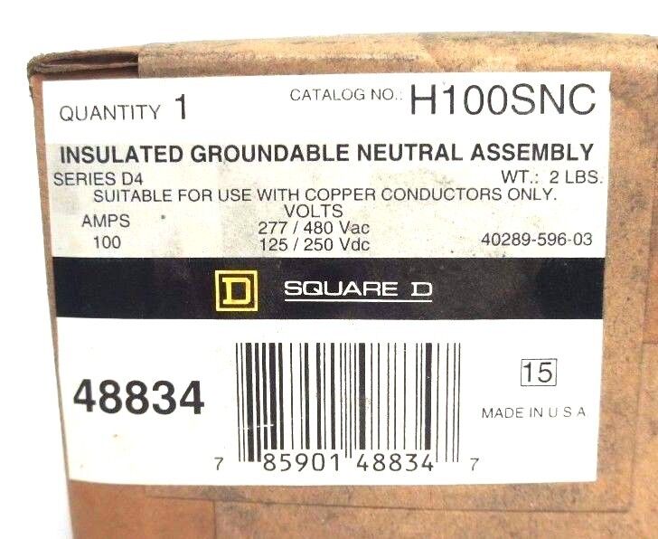 NIB SQUARE D H100SNC SER. D4 INSULATED GROUNDABLE NEUTRAL ASSEMBLY 48834