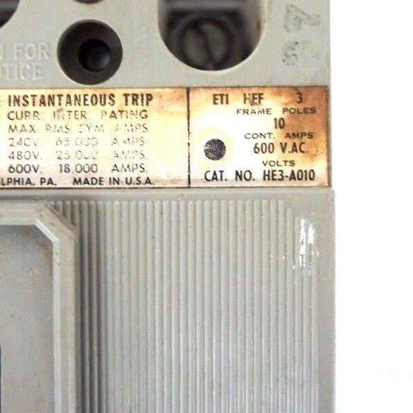 ITE SIEMENS HE3-A010 CIRCUIT BREAKER 10AMP 3POLE 600VAC