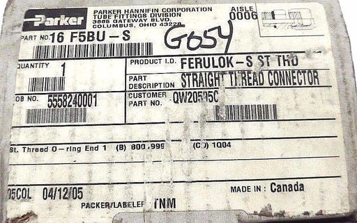 BOX OF 2 NEW PARKER 16 F5BU-S STRAIGHT THREAD CONNECTOR 16 BU-S