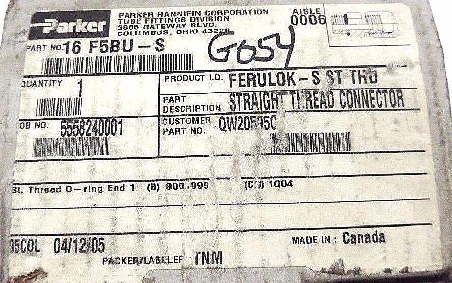 BOX OF 2 NEW PARKER 16 F5BU-S STRAIGHT THREAD CONNECTOR 16 BU-S