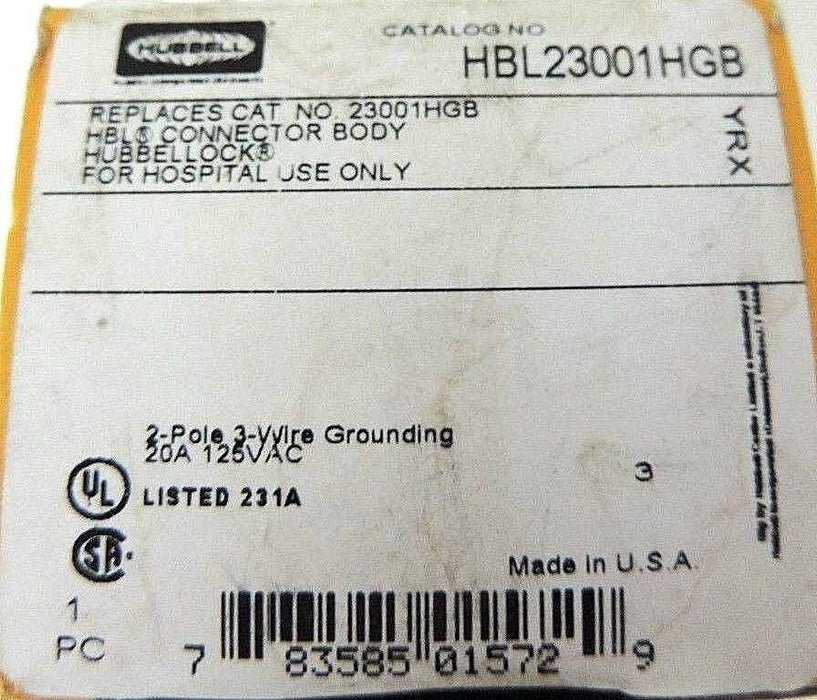 NIB HUBBELL HBL23001HGB CONNECTOR BODY HOSPITAL GRADE, 20A, 125VAC, 2 POLE