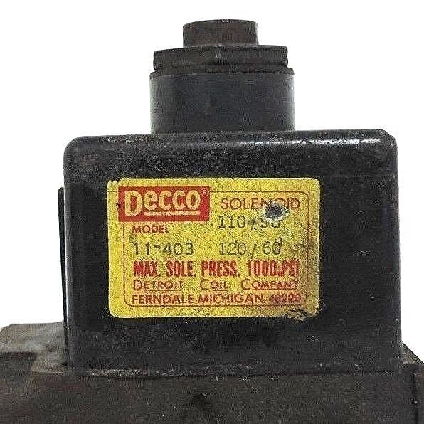 VICKERS DOUBLE A QJ-01-C-L-10F1 HYDRAULIC VALVE W/ DECCO 11-403 COIL