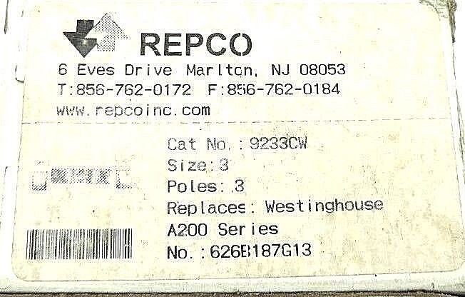NIB REPCO 9233CW CONTACT KIT SIZE 3, 3 POLE, 626B187G13