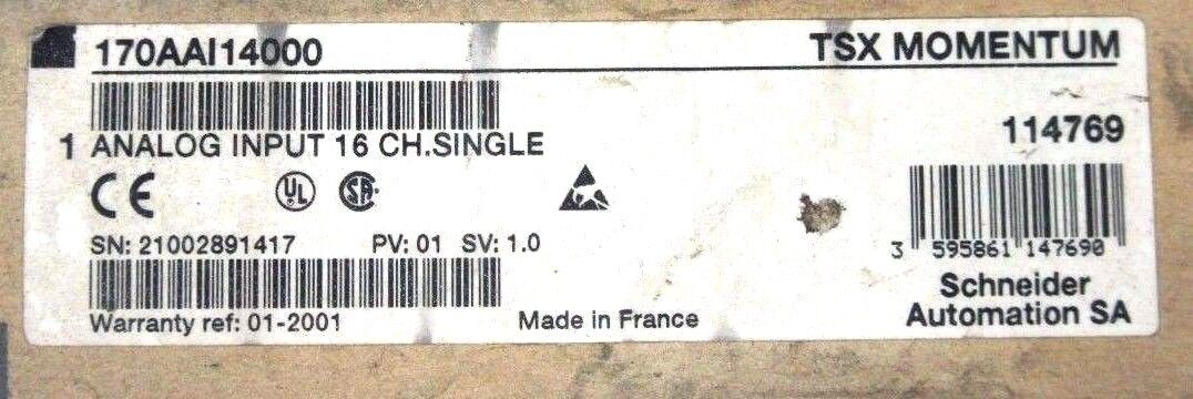 SCHNEIDER ELECTRIC 170AAI14000 ANALOG INPUT MODULE 16 CH. SINGLE PV:01, SV: 1.0