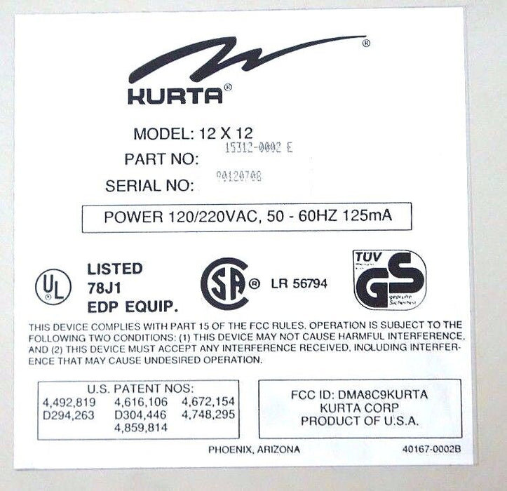 KURTA 15312-0002 E IS/ONE INPUT SYSTEM GRAPHICS TABLET MODEL: 12 X 12