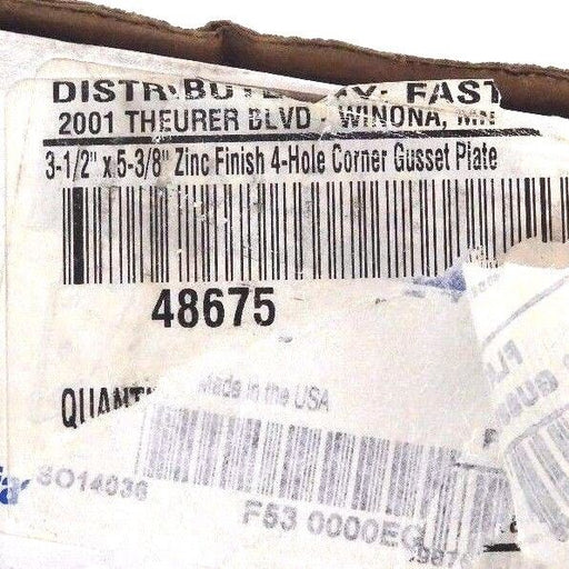 LOT OF 6 NEW FASTENAL 48675 3-1/2"x5-3/8" ZINC FINISH 4-HOLE CORNER GUSSET PLATE