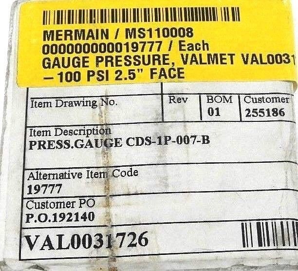 NIB MERMAIN MS110008 PRESSURE GAUGE VALMET VAL0031726, CDS-1P-007-B, 1-100 PSI