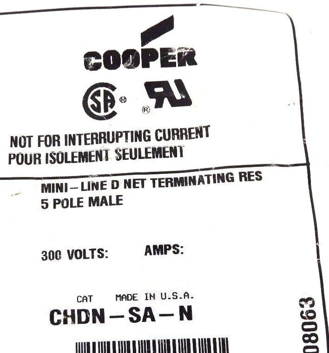 NIB COOPER CHDN-SA-N MINI LINE MALE TERMINATOR 300V, 5 POLE, CHDNSAN