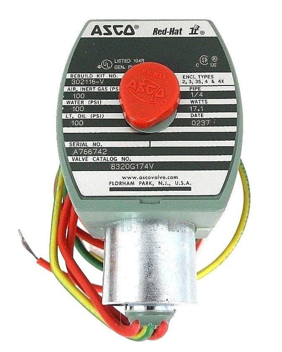 NIB ASCO 8320G174V SOLENOID VALVE 120/60 - 110/50, 1/4 PIPE, 17.1 WATTS, 100PSI