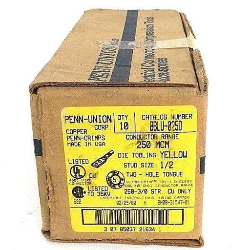 BOX OF 6 NEW TELEDYNE PENN-UNION BBLU-025D COPPER CRIMPS YELLOW 1/2"
