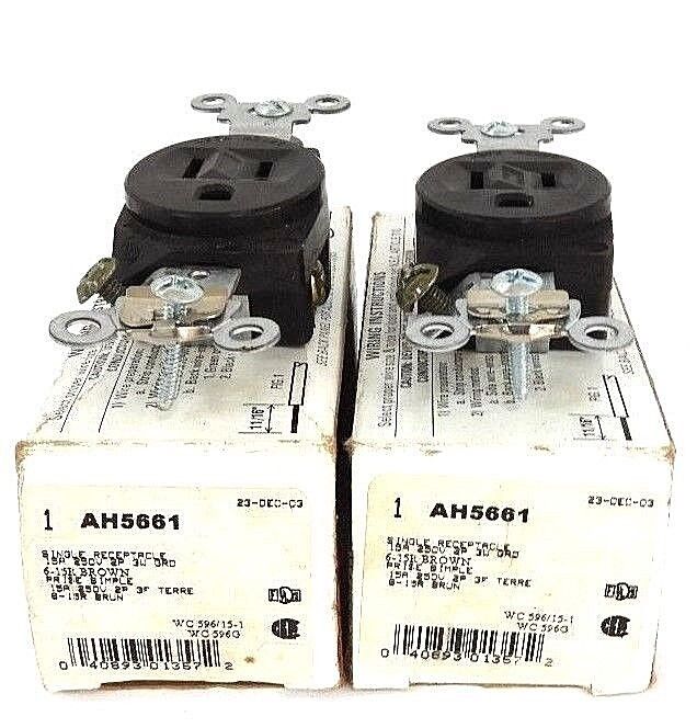 LOT OF 2 NIB COOPER AH5661 SINGLE RECEPTACLES 15A, 250V, 2P, 3W