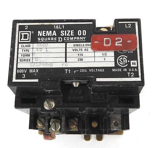 SQUARE D 8502-AO-1 CONTACTOR NEMA SIZE 00, FORM: S, SERIES: C, COIL: 24V 60HZ