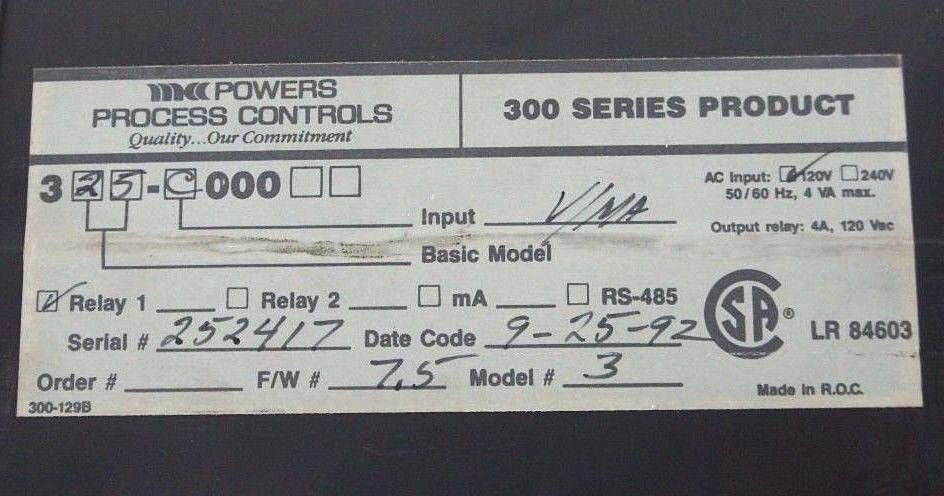 POWERS PROCESS CONTROLS 325-C000 DIGITAL TEMP. CONTROLLER 300 SERIES F/W 7.5