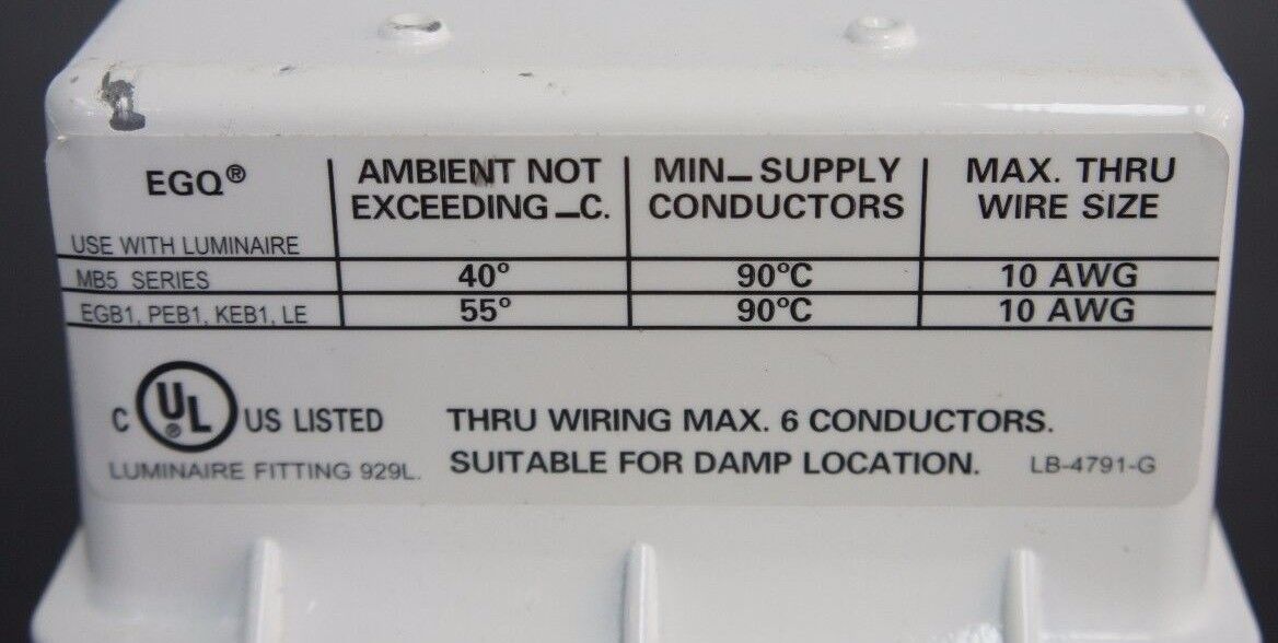 NEW LUMINAIRE 929L WIRING ENCLOSURE LB-4791-G USE WITH MB5 SERIES