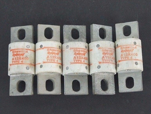 LOT OF 5 NEW GOULD SHAWMUT A13X400 AMPTRAP TYPE 4 FUSES 400 AMPS, 130 V