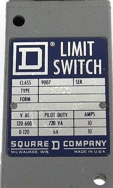 SQUARE D 9007-BB106 LIMIT SWITCH 9007BB106 W/ PLUNGER OPERATING HEAD SER. A