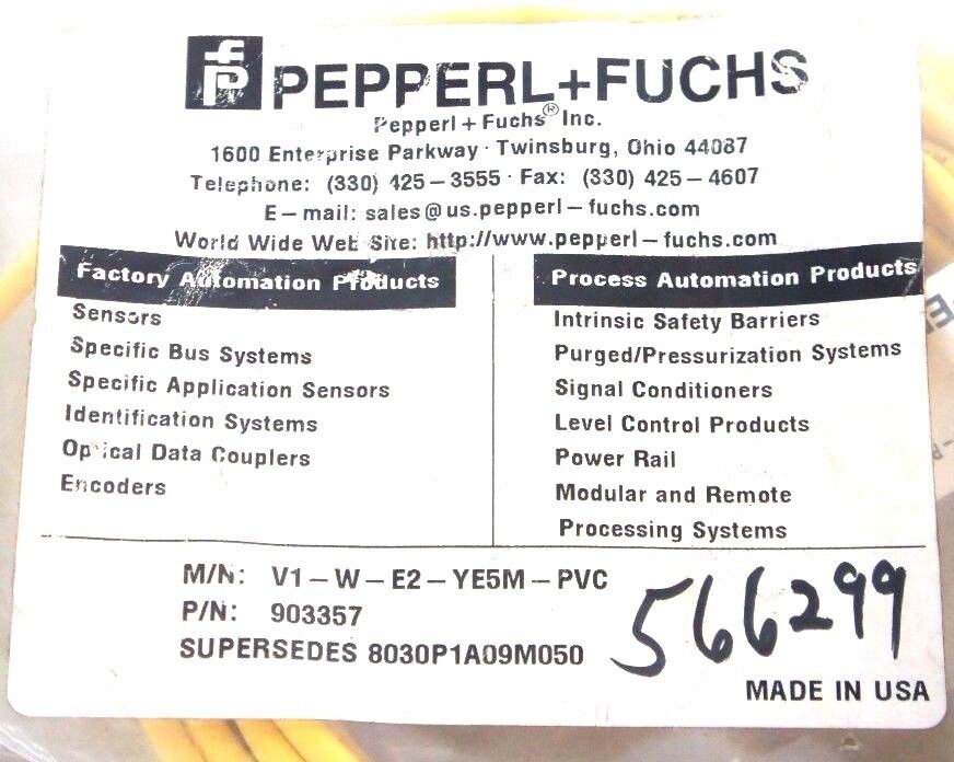 NEW PEPPERL + FUCHS V1-W-E2-YE5M-PVC CORDSET MICRO 90DEGREE PNP LED, 903357