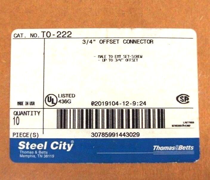 BOX OF 10 NEW STEEL CITY T0-222 OFFSET CONNECTORS 3/4", T0222