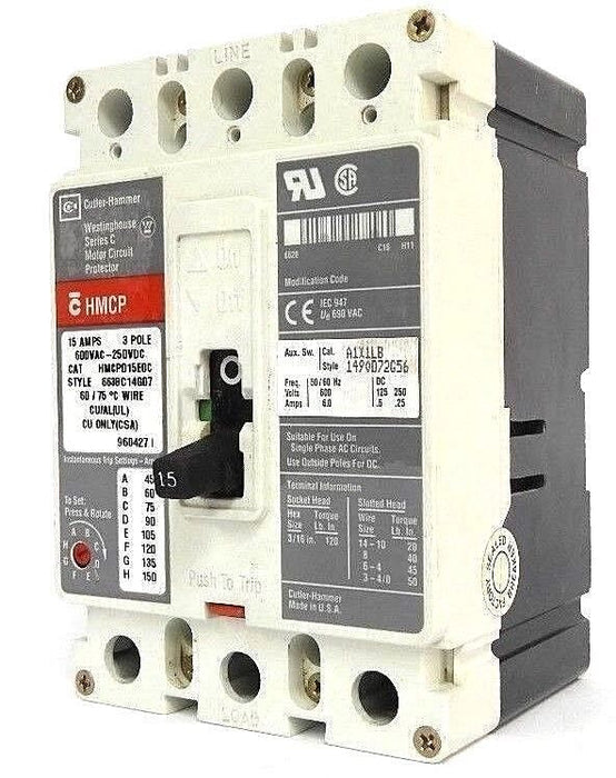 WESTINGHOUSE HMCP015E0C CIRCUIT BREAKER STYLE: 6638C14G07, SER. C, 15AMP, 3-POLE