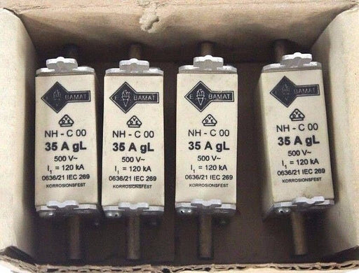 BOX OF 4 NEW BAMAT NH-C00-35A FUSES 500V, 35A, NHC0035A