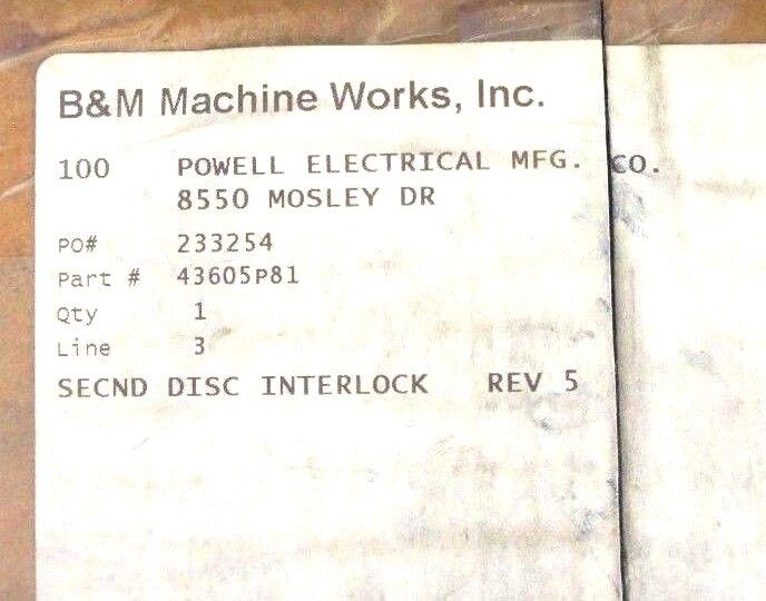 NEW B&M MACHINE WORKS 43605P81 SECONDARY DISCONNECT INTERLOCK BAR REV 5